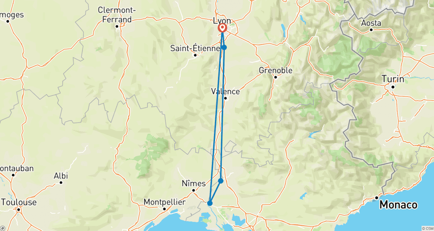 Mapa do percurso de Réveillon Provençal no Vale do Ródano