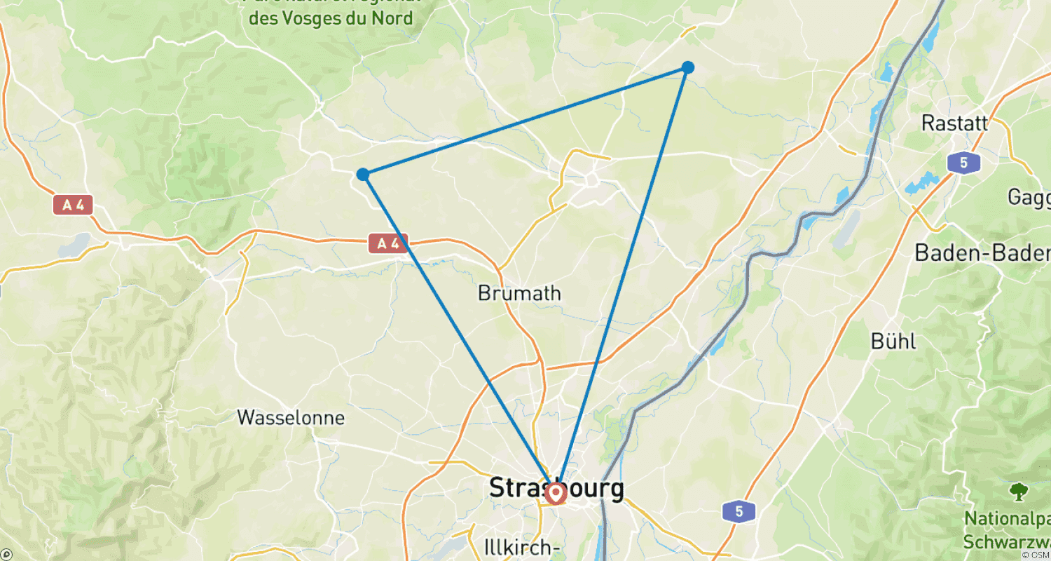 Mapa do percurso de Natal na Alsácia e espetáculo no Royal Palace