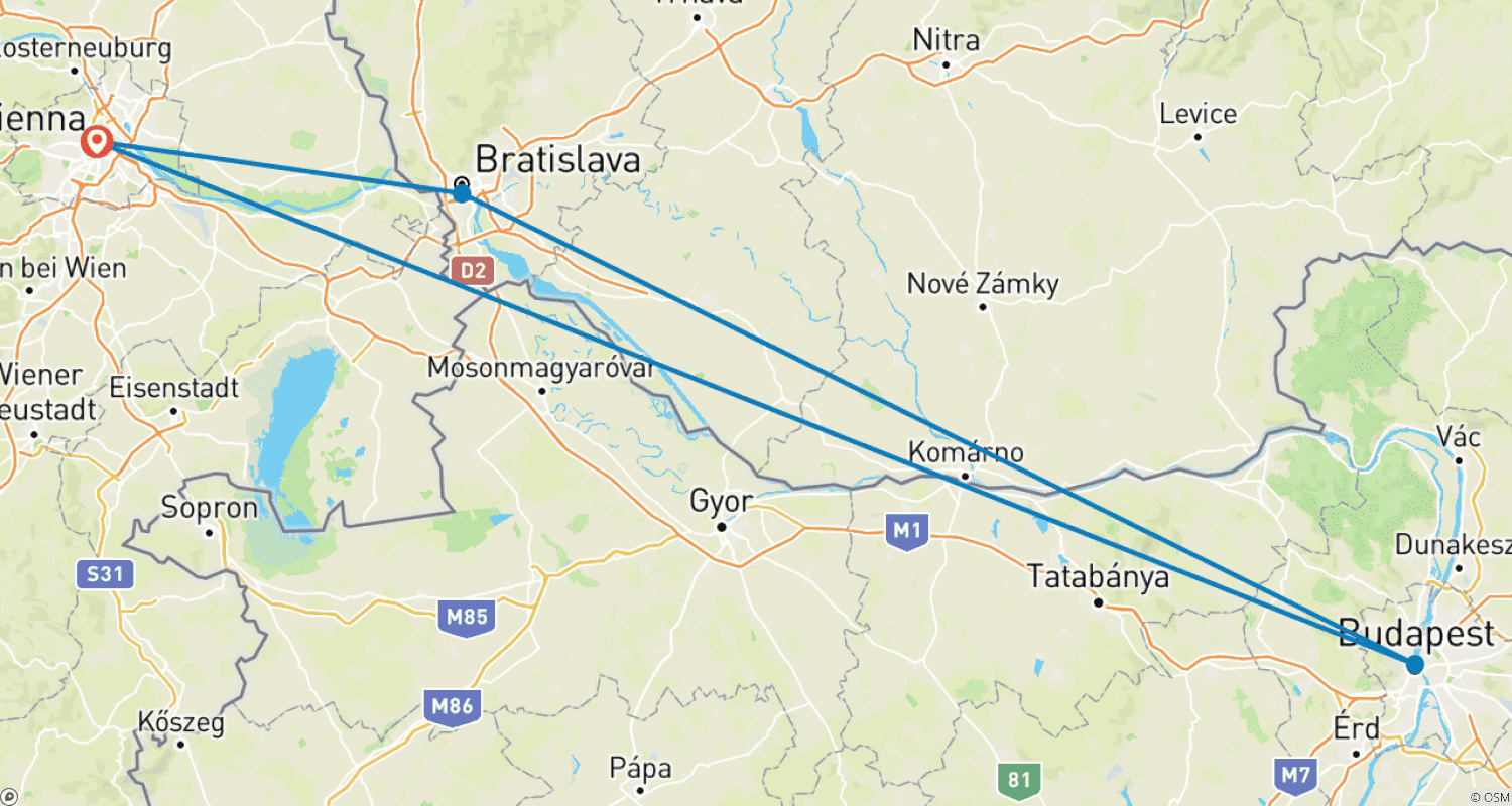 Mapa do percurso de Ano Novo no Danúbio: Viena, Budapeste e Bratislava