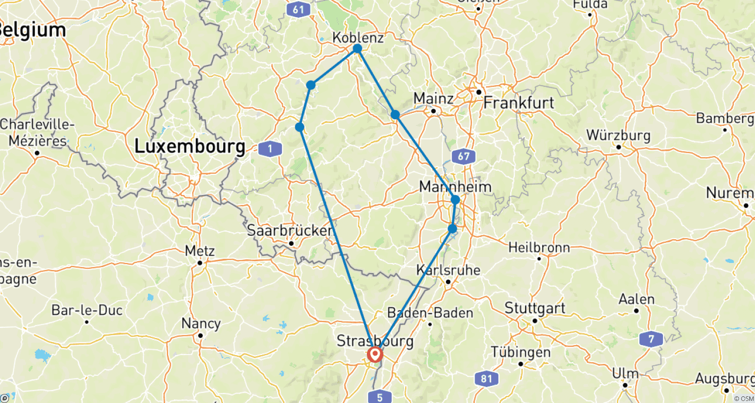 Mapa do percurso de Ano Novo no romântico Reno e no pitoresco Mosela