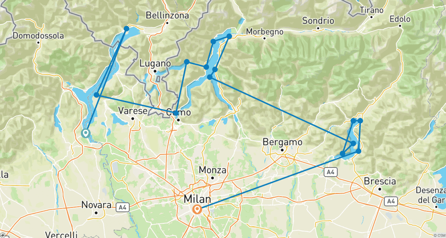 Mapa do percurso de Três Lagos e Mais - Tour de Ciclismo de Luxo