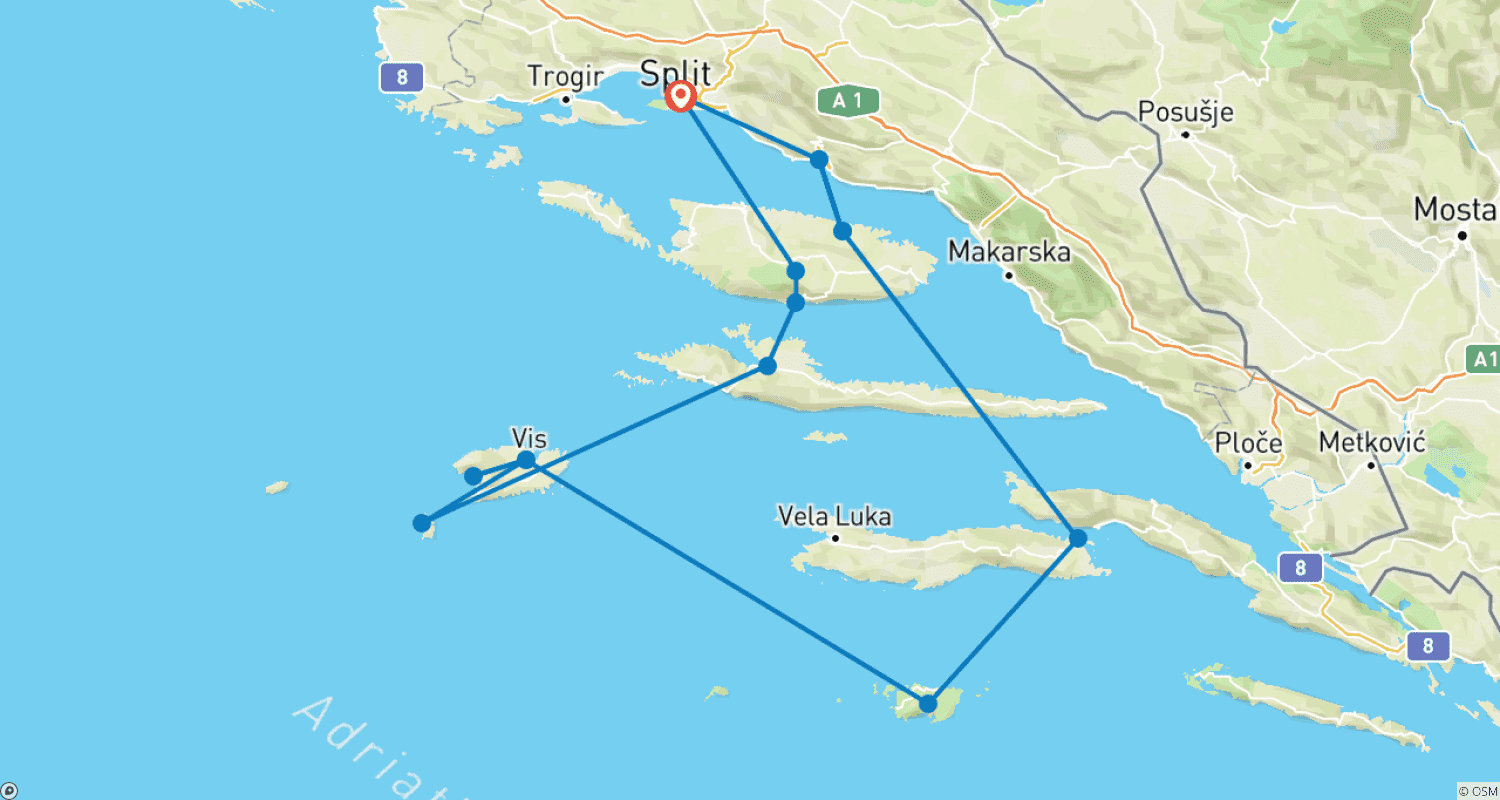 Mapa trasy: Rejs po Chorwackiej Dziczy - ze Splitu