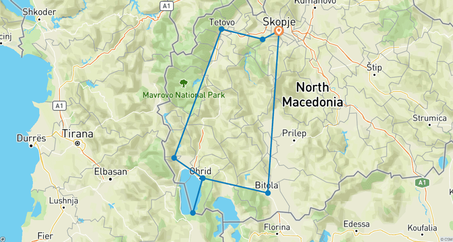 Mapa do percurso de Tour Privado pela Macedônia do Norte - 7 Dias/6 Noites