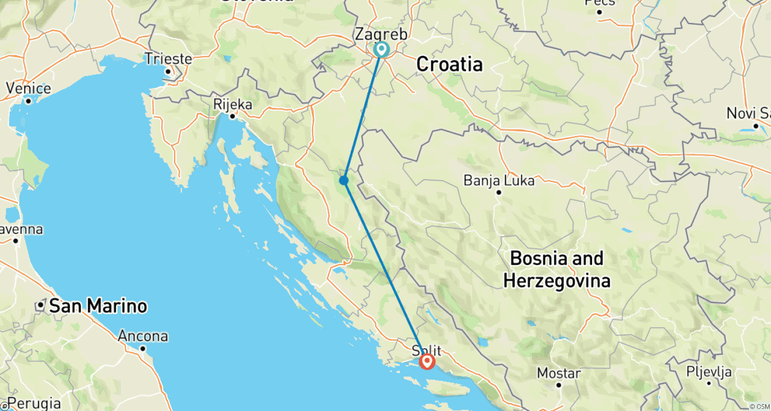 Mapa do percurso de Croácia Expresso de Zagreb a Split - 4 dias / 3 noites