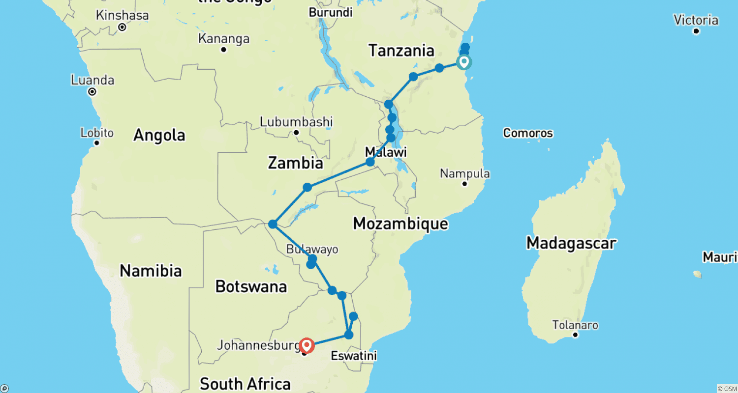 Mapa do percurso de 22 dias Zanzibar, Cataratas Vitória & Kruger (Com Alojamento)