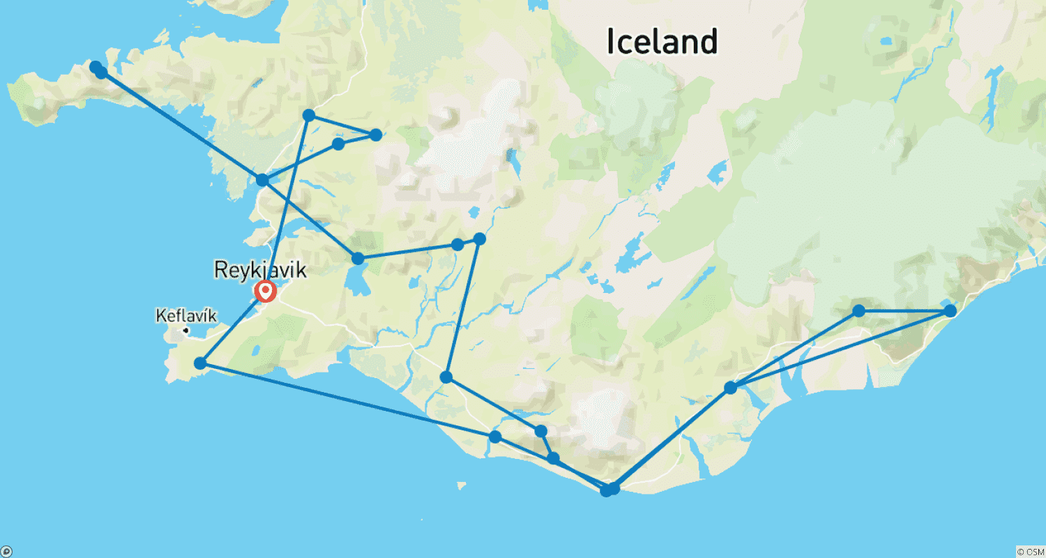 Mapa trasy: 8 dni odkrywania Zorzy Polarnej