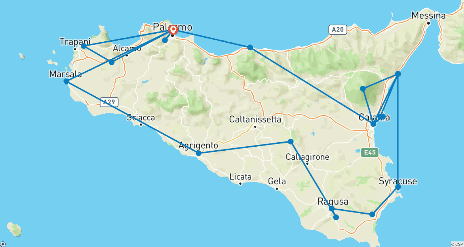 Mapa trasy: Nowa wycieczka po Sycylii z Palermo 10 dni