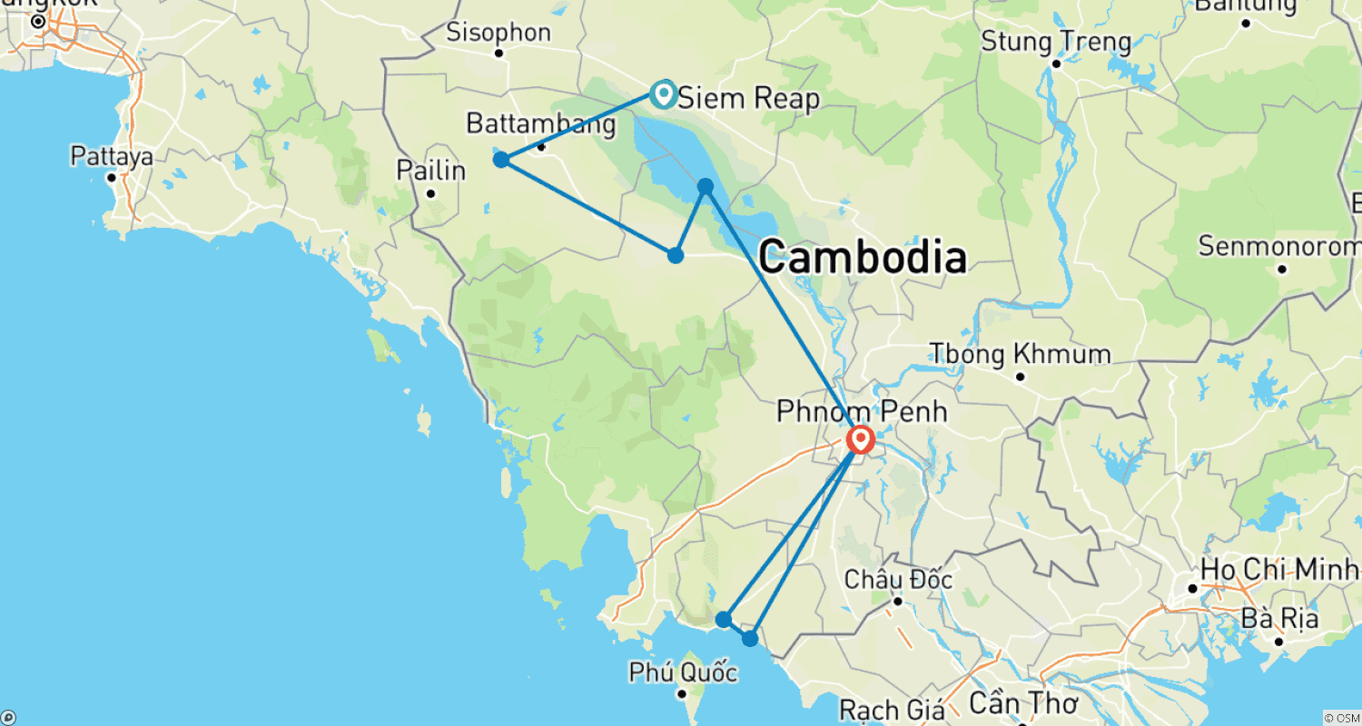 Mapa do percurso de Pedale pelo Camboja - 11 Dias
