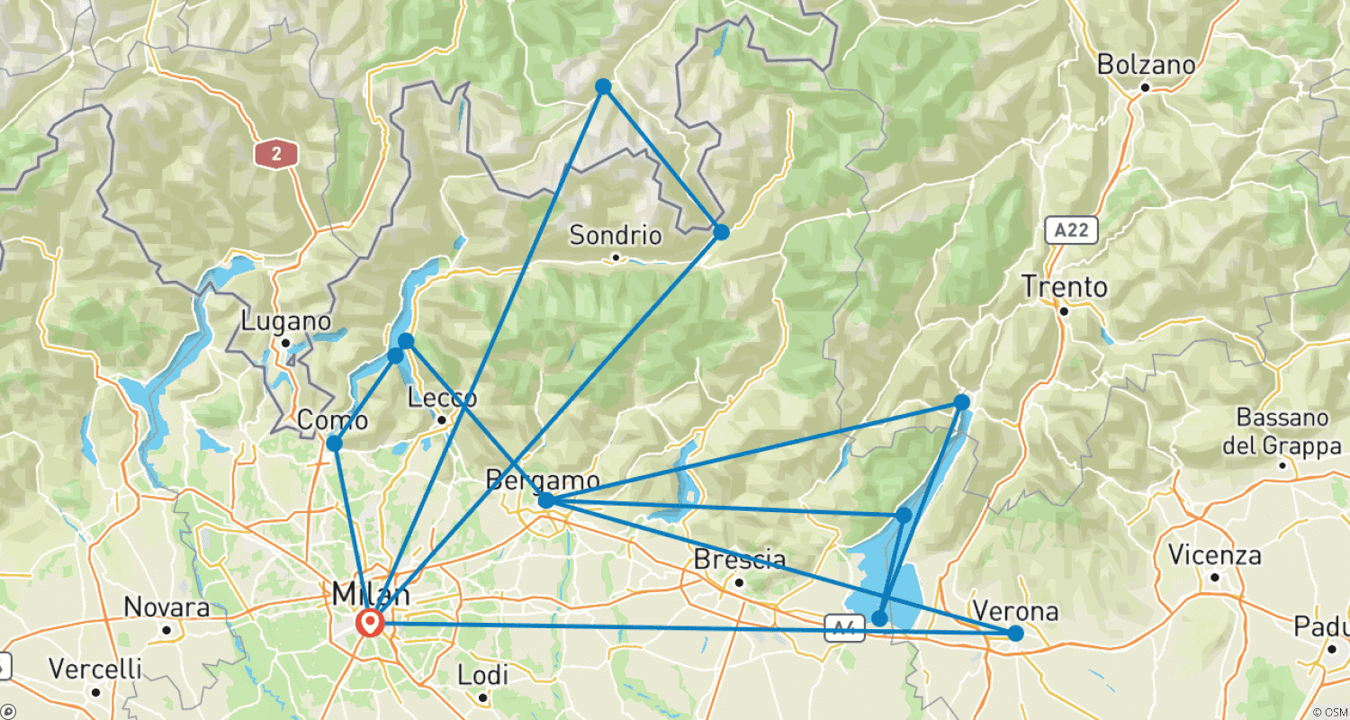 Mapa do percurso de Maravilhas do Norte da Itália com o Trem Bernina saindo de Veneza