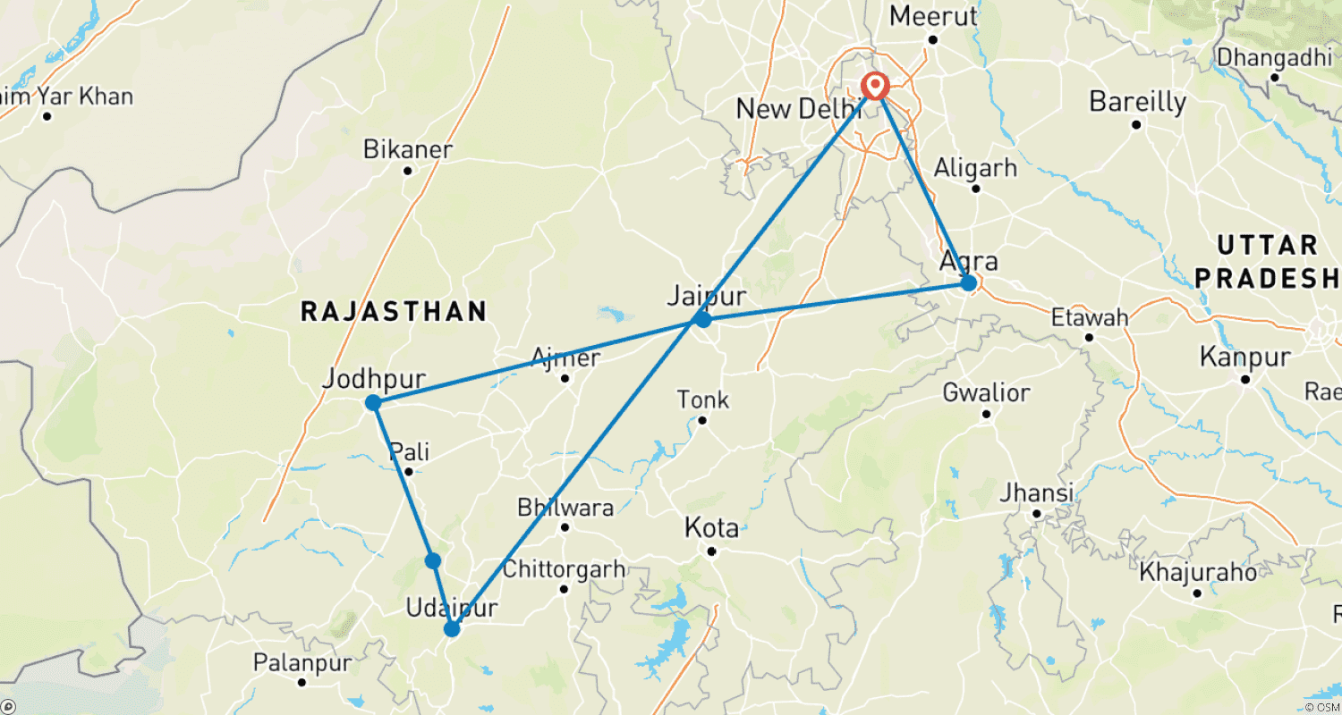 Mapa do percurso de Palácios Fortificados, Taj Mahal, Templo e Cidade dos Lagos do Rajastão
