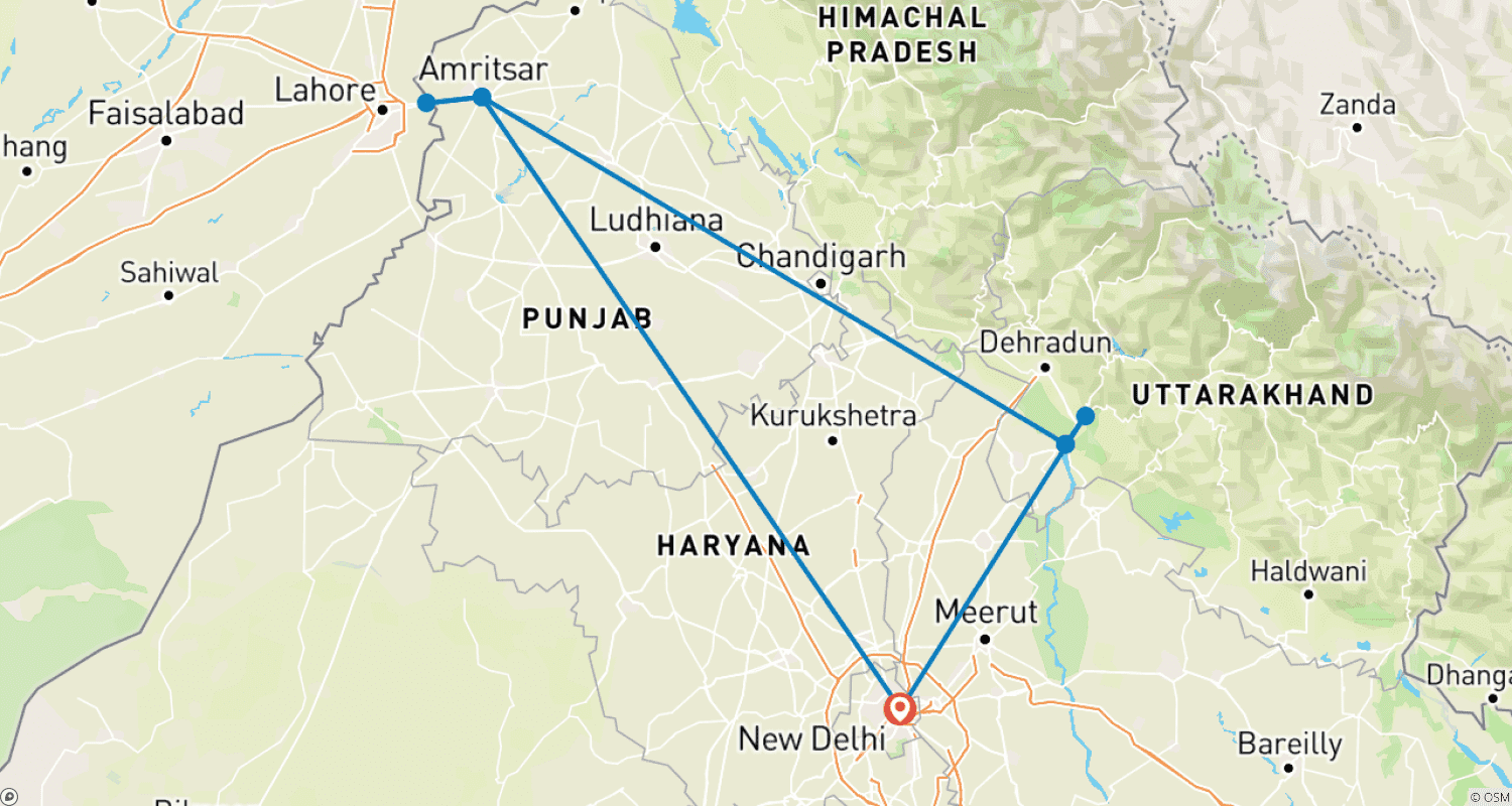 Mapa do percurso de Haridwar Rishikesh Espiritual com o Templo Dourado