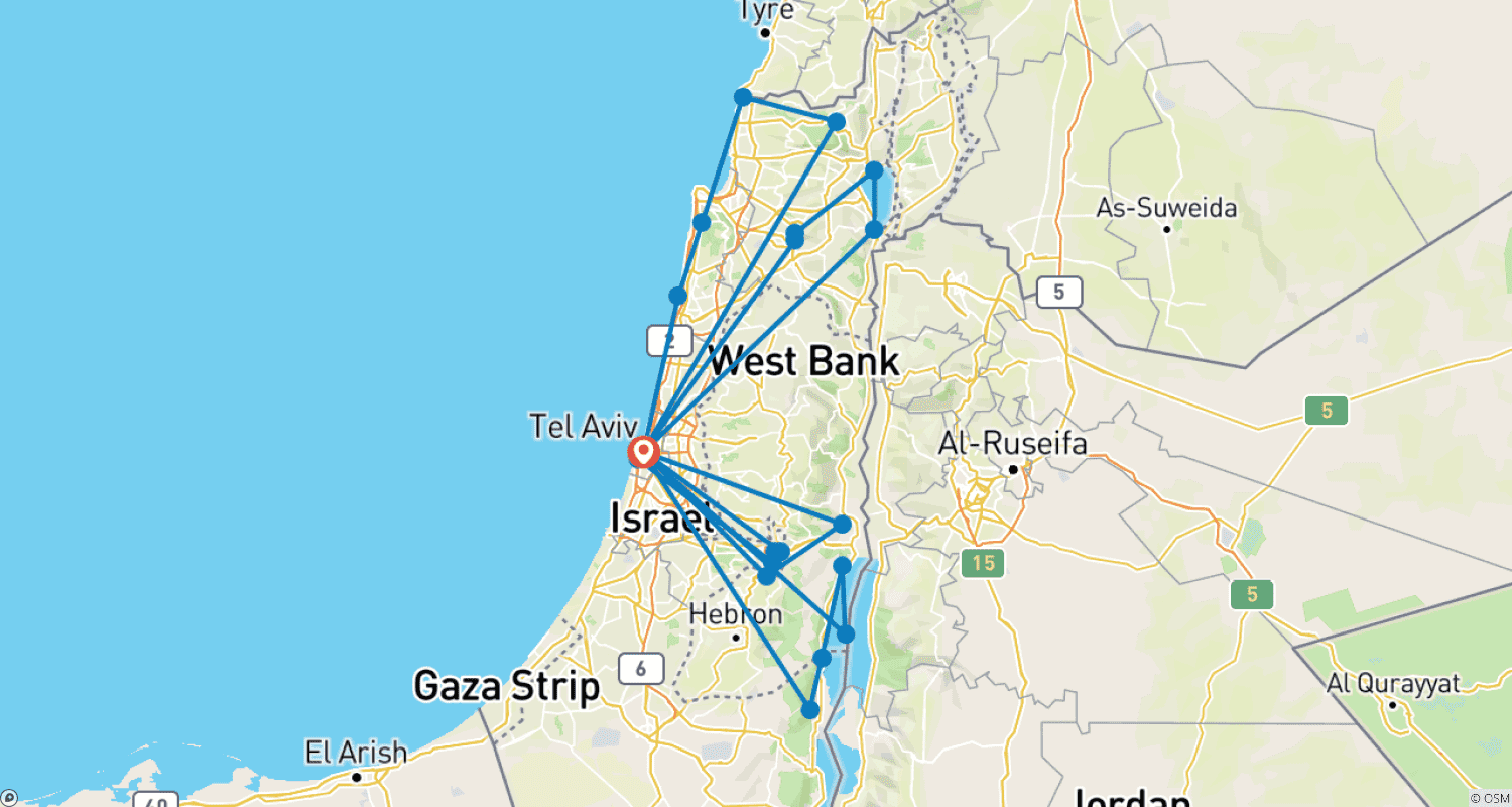 Mapa do percurso de Israel: 9 Dias de Luxo