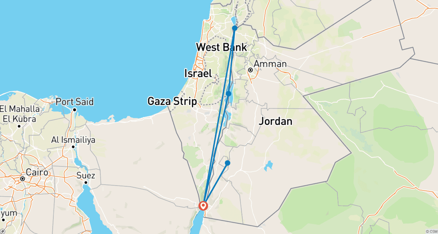 Mapa do percurso de Petra, Masada, Mar Morto 3 dias