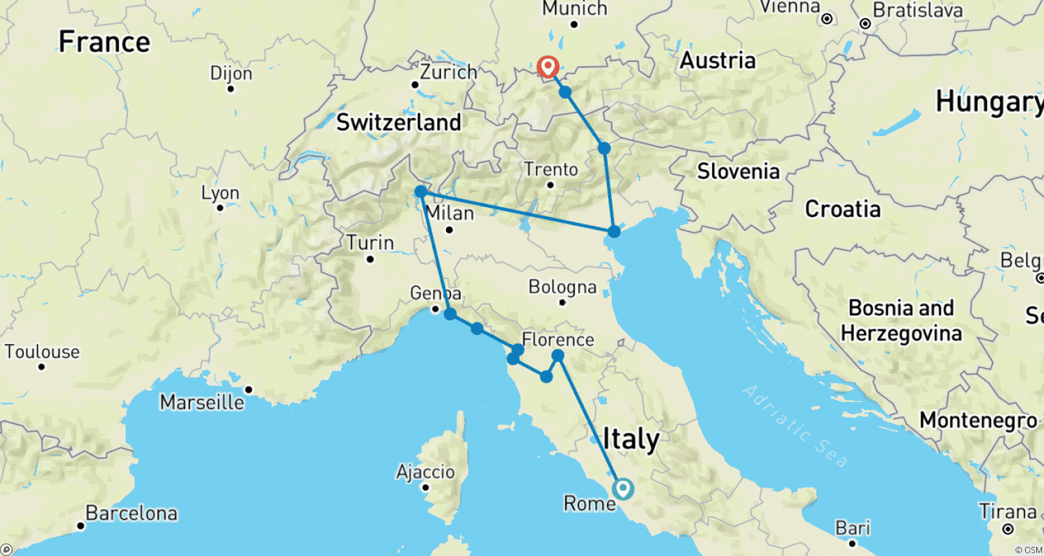Mapa do percurso de Elegância Italiana (Clássico, Oberammergau, 15 Dias)