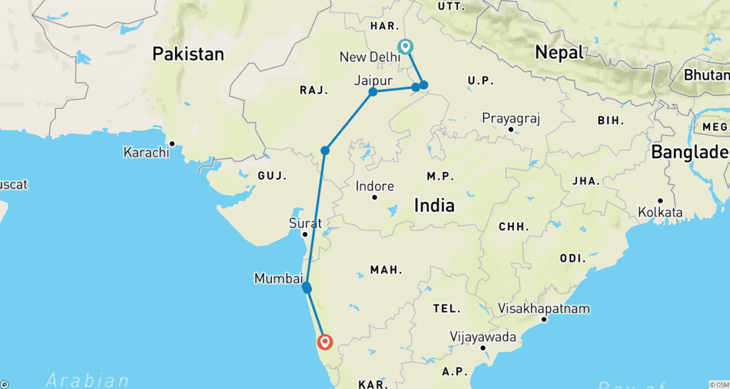 Mapa trasy: Niezwykła wycieczka Złoty Trójkąt z Udaipur, Mumbai i Goa