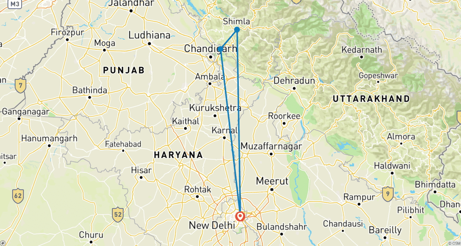 Mapa trasy: Shimla – letnia stolica Brytyjskich Indii