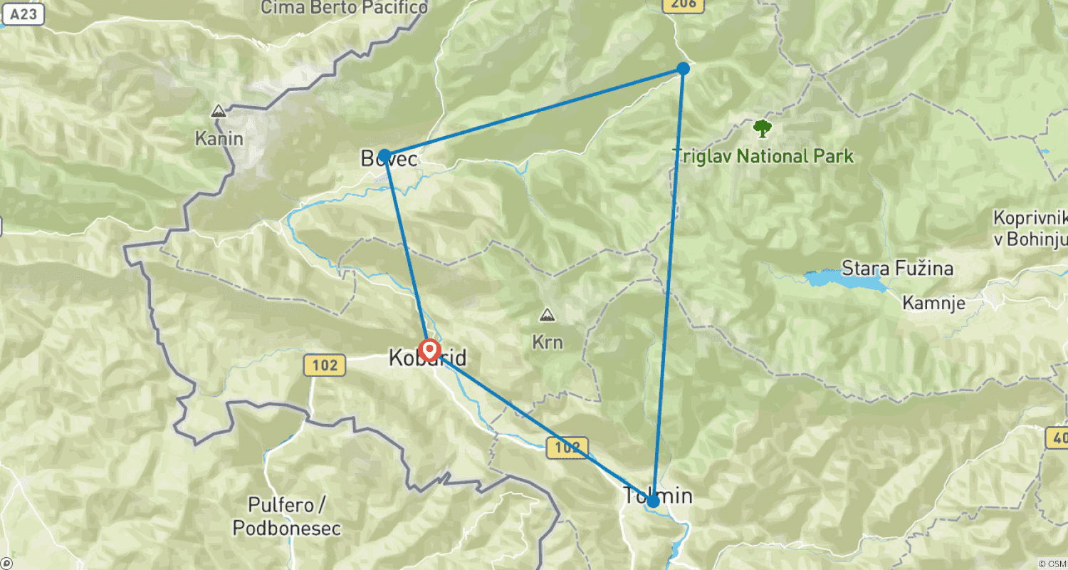Mapa do percurso de Eslovénia, Férias de BTT no Vale do Soča