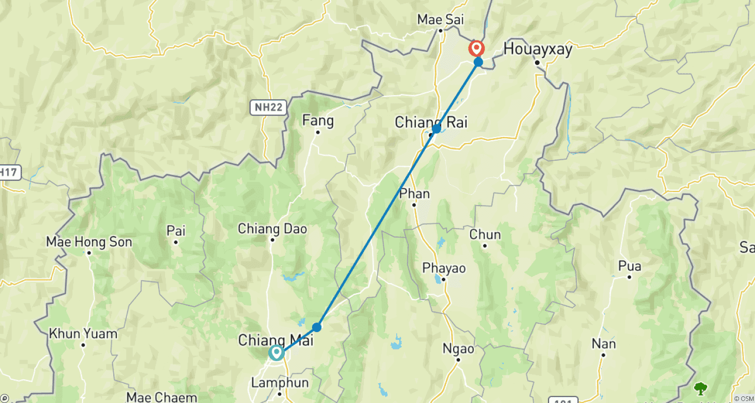 خريطة مسار جولة جماعية صغيرة من Chiang Mai إلى Chiang Rai