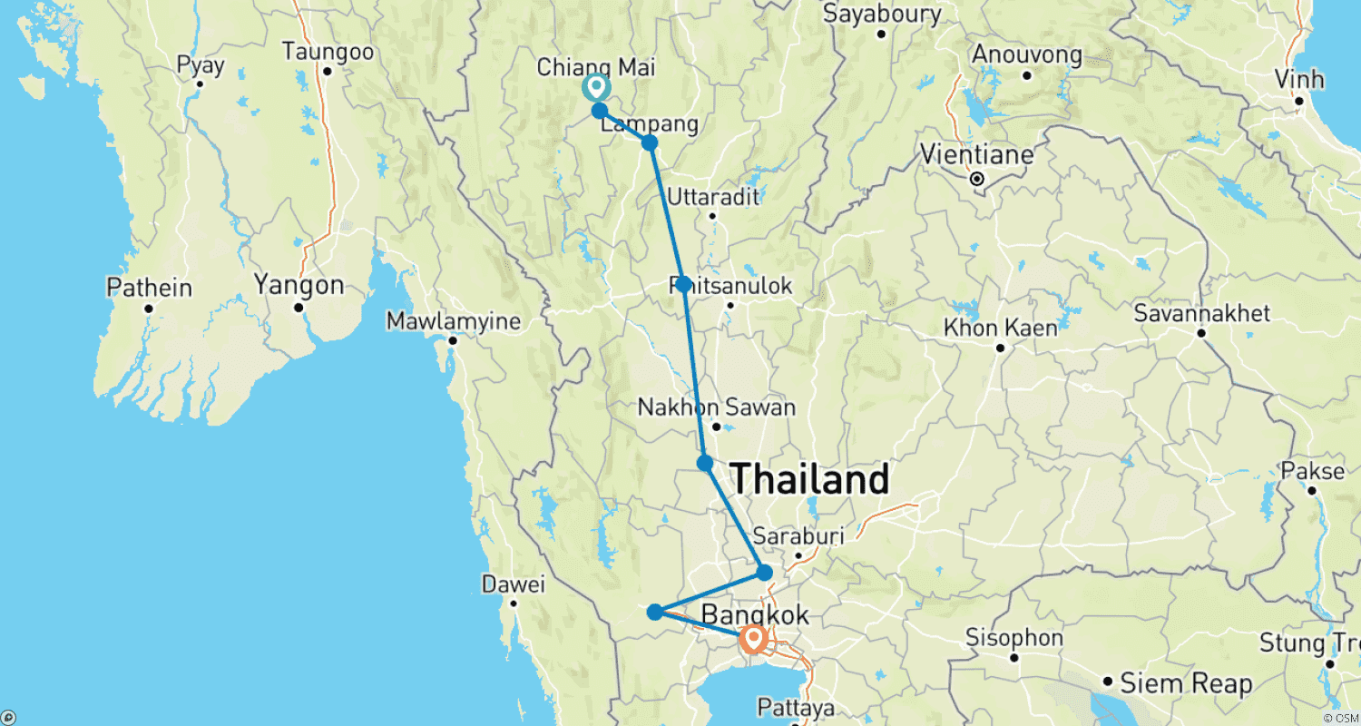 Mapa do percurso de Tesouros da Tailândia 8 Dias - De Chiang Mai ao Sul, Tour em Pequeno Grupo (Apenas em Inglês)