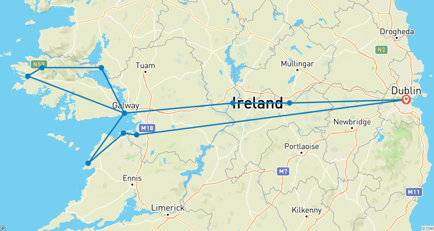 خريطة مسار جولة مستكشف الساحل الغربي لمدة 3 أيام (مجموعة صغيرة) من Dublin