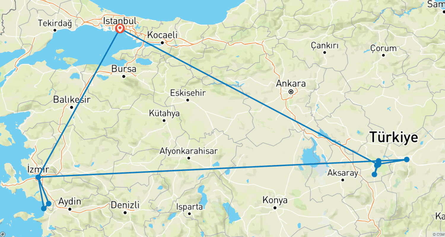 Mapa trasy: Stambuł, Efez, Kapadocja - Prywatna wycieczka