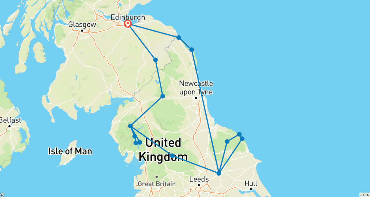 خريطة مسار جولة المجموعات الصغيرة لمدة 5 أيام إلى York وDales وLake District وHadrian's Wall من إدنبرة، تشمل التذاكر