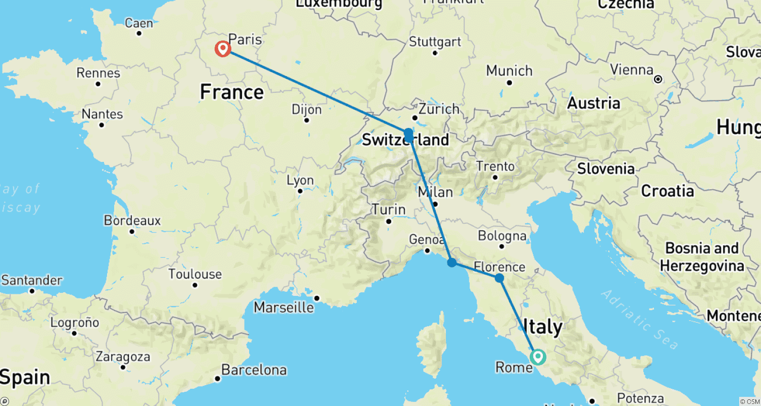 Mapa do percurso de Sabores da Europa (Clássico, Término em Paris)