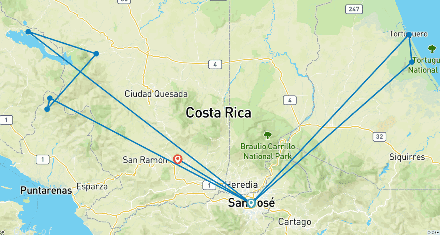 Mapa do percurso de Escapada na Costa Rica com Tortuguero