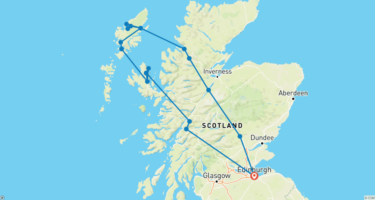 Mapa do percurso de Excursão de Aventura em Grupo Pequeno de 6 Dias pelas Hébridas Exteriores e Skye saindo de Edimburgo