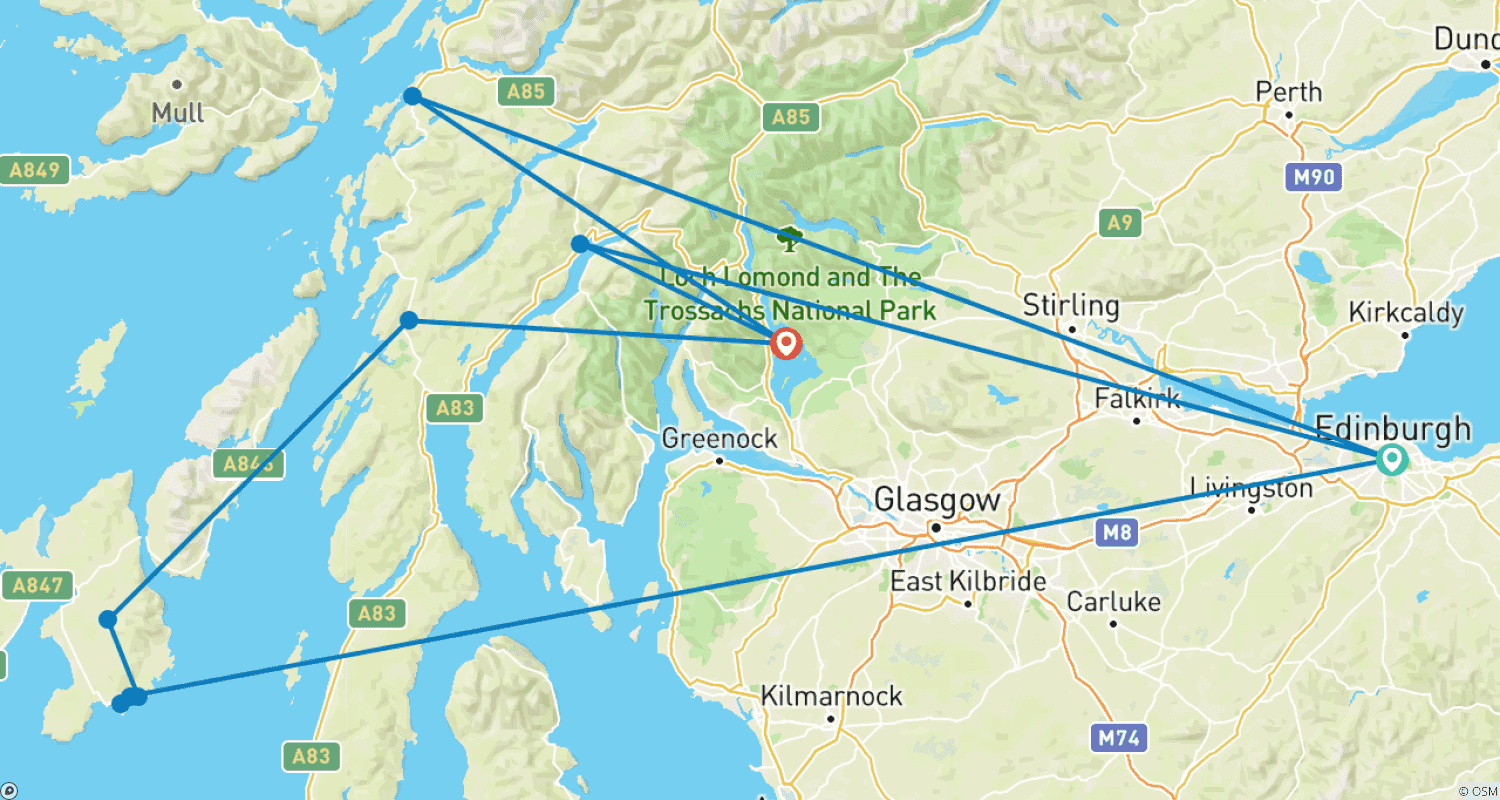 Mapa trasy: 4-dniowa wycieczka w małej grupie: Islay i Whisky Coast z Edynburga, z biletami wstępu