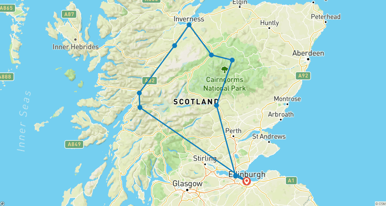 Mapa do percurso de Excursão de 2 Dias para Pequenos Grupos a Loch Ness, Inverness e as Terras Altas saindo de Edimburgo