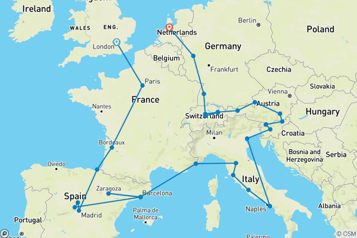 Map of European Grandeur (Classic, Summer, Start London, End Amsterdam, 26 Days)