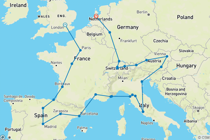 Karte von Große Europa Rundreise - Start London & Ende Amsterdam (26 Tage) (34 Destinationen)