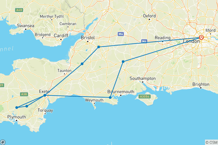 Mapa de Circuito de 3 días a Stonehenge, Glastonbury, Bath y la costa suroeste en grupo pequeño desde Londres