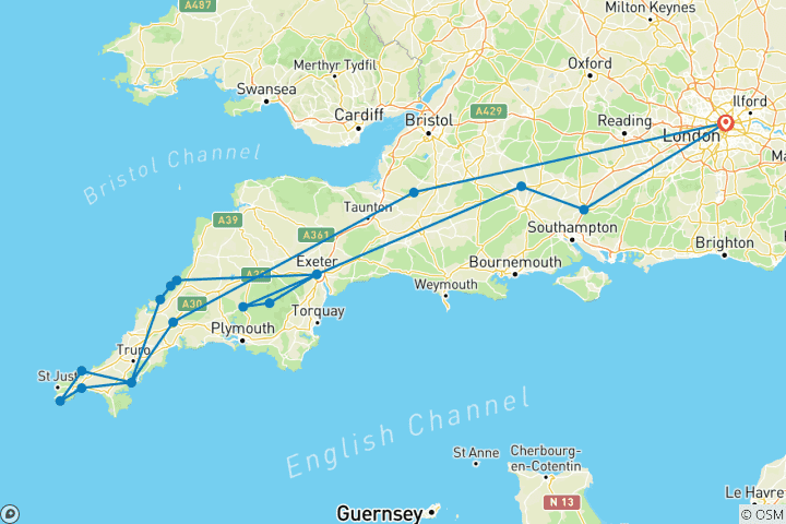 Mapa de Viaje en grupo reducido a Devon y Cornualles desde Londres - 5 días