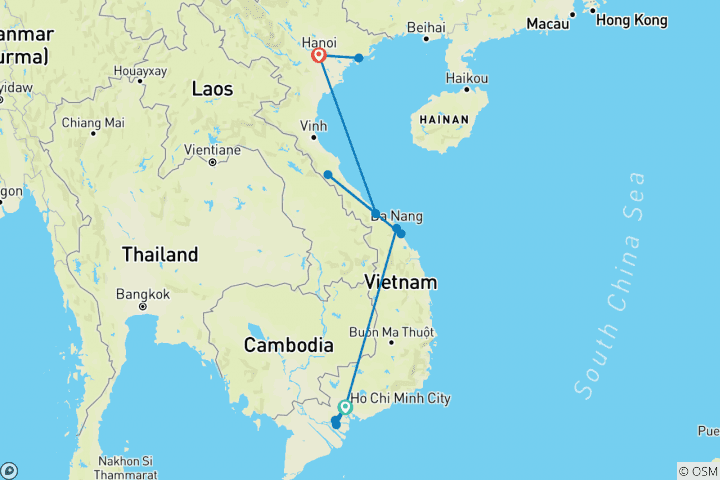 Map of Vietnam South to North - 10 days