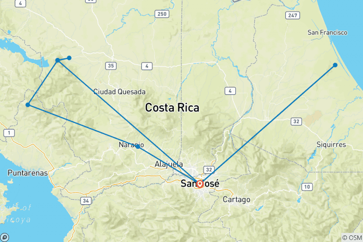 Kaart van Avontuur in Costa Rica Avontuur - met Tortuguero-verlenging - 10 dagen