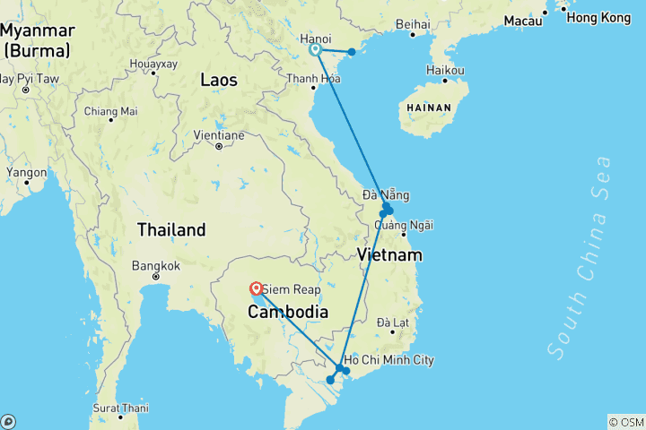 Map of Vietnam and Cambodia - 12 Days. Departure every Monday and Sunday from Hanoi