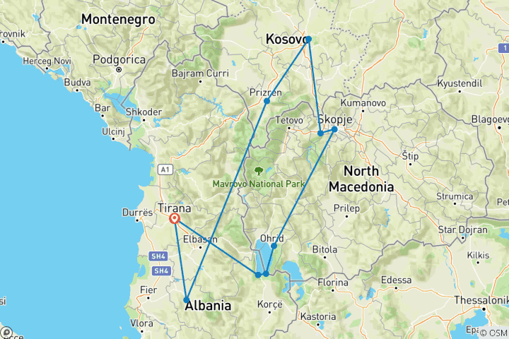 Carte du circuit Mini Tour : Kosovo et Macédoine du Nord depuis Tirana