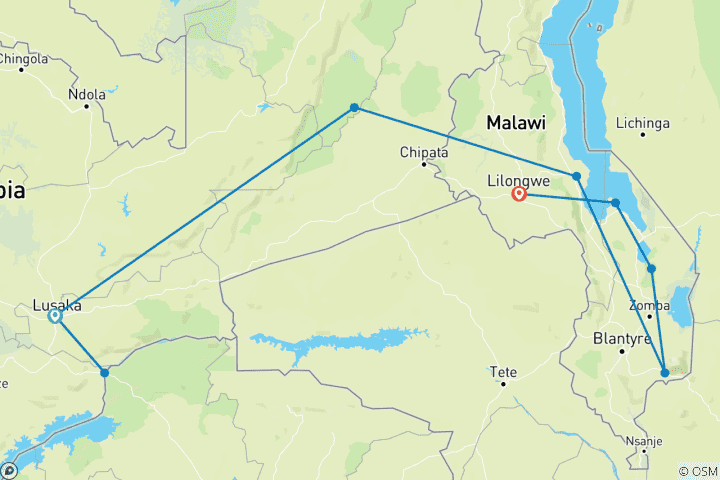 Carte du circuit Zambie et Malawi "Livingstone Trail" (piste de Livingstone)