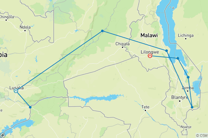 Carte du circuit Zambie et Malawi "Livingstone Trail" (piste de Livingstone)