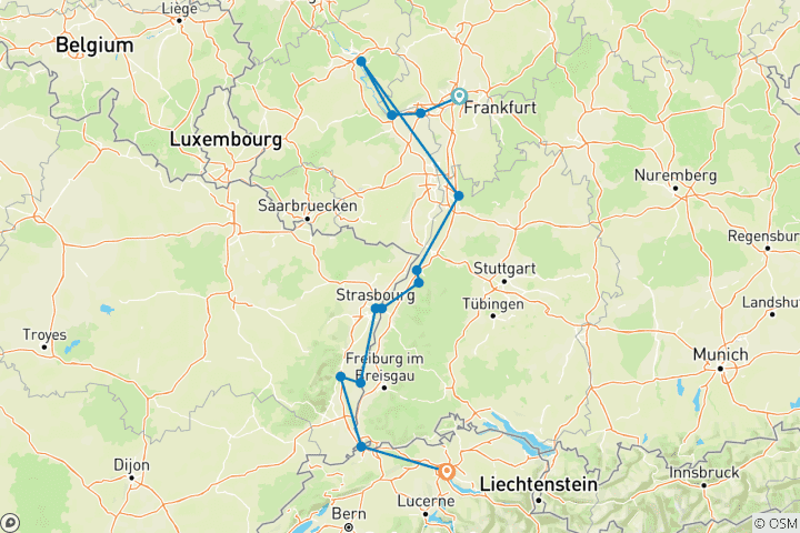 Map of The Majestic Rhine 2025 - 8 Days (from Frankfurt-am-Main to Zurich)