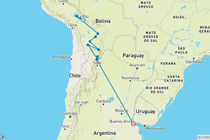 Carte du circuit Le meilleur de la Bolivie et de l'Argentine (from La Paz to Buenos Aires)