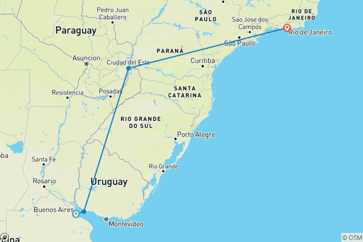 Carte du circuit Le meilleur de l'Argentine, de l'Uruguay et du Brésil (4 destinations)