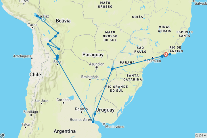 Map of Explore Bolivia to Brazil (from La Paz to Mangaratiba)