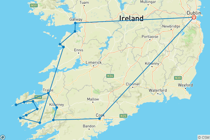 Map of Wild South - Multi-Day - Small Group Tour of Ireland