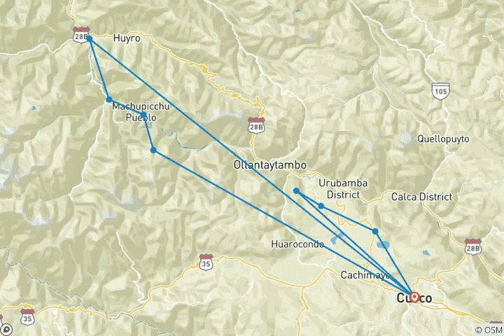 Map of 7 Day Inca Jungle Adventure To Machu Picchu with Mountain Bike, Rafting, Zip Line and Trek.