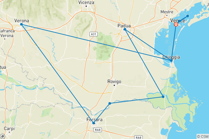 Mapa de Venecia, la laguna y el delta del Po - 12 destinos