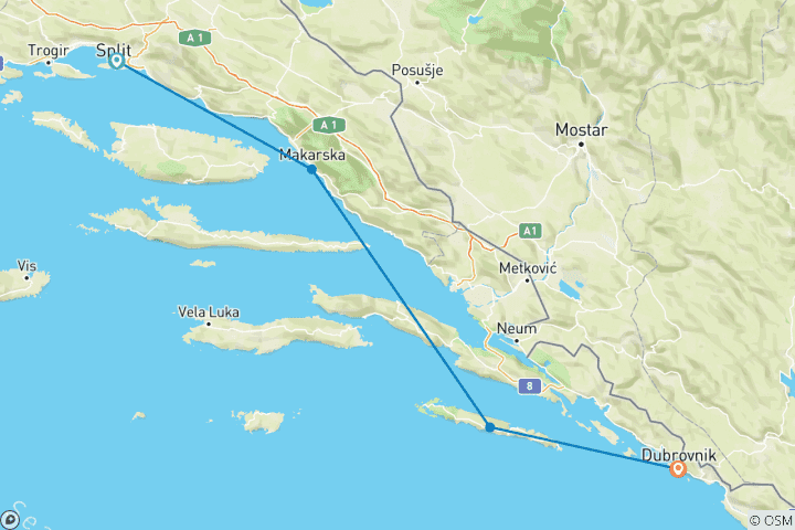 Carte du circuit Croisière aller simple entre Split et Dubrovnik - 4 jours - Classic Plus au-dessus du pont, 18-35 ans