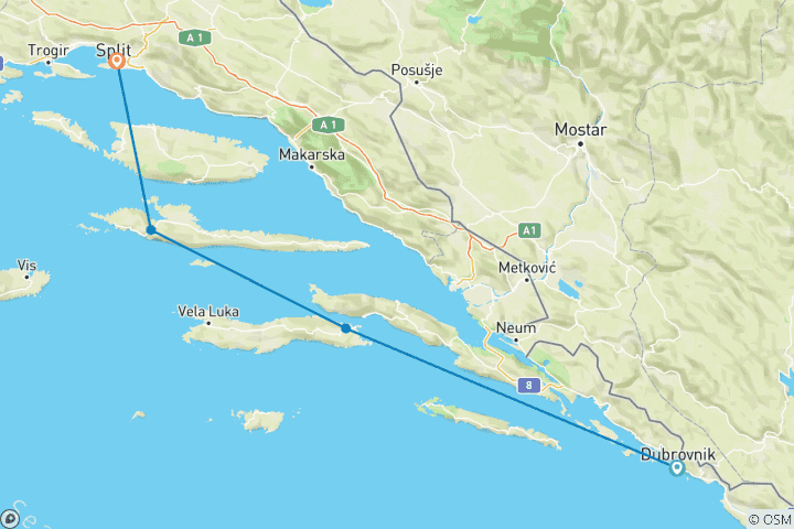 Carte du circuit Croisière aller simple de 5 jours de Dubrovnik à Split - Classic Plus au-dessus du pont, 18-35 ans